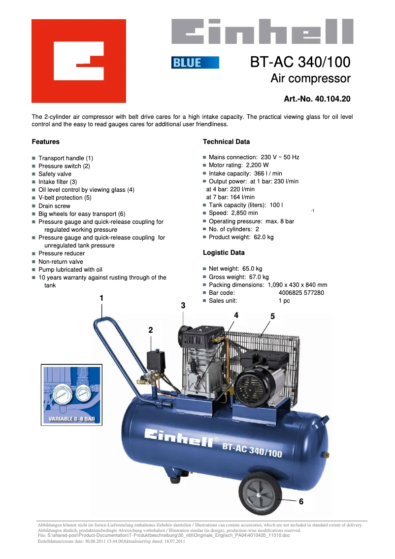 Page n°1 - Manuel utilisateur Einhell BT-AC 340/100