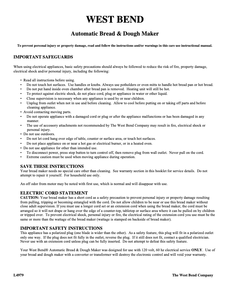 Page 1 de la notice Manuel utilisateur WestBend 41085