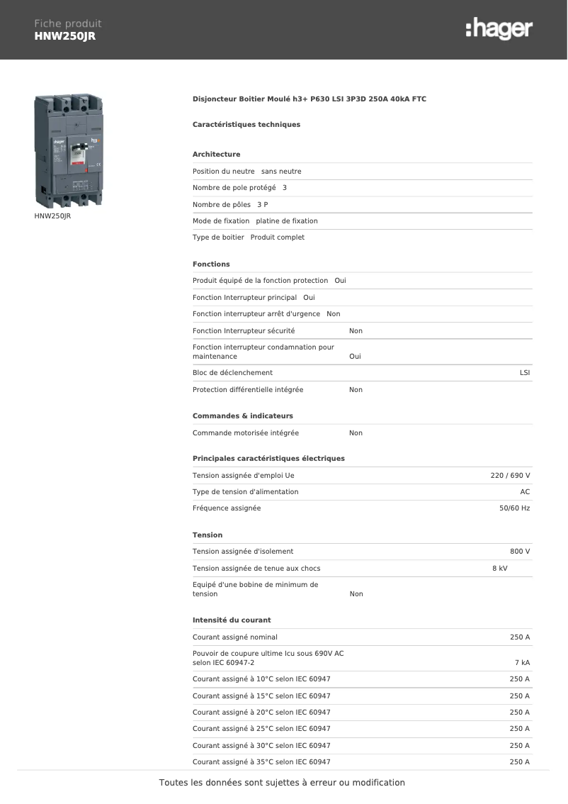 Página 1 del manual Ficha técnica Hager HNW250JR