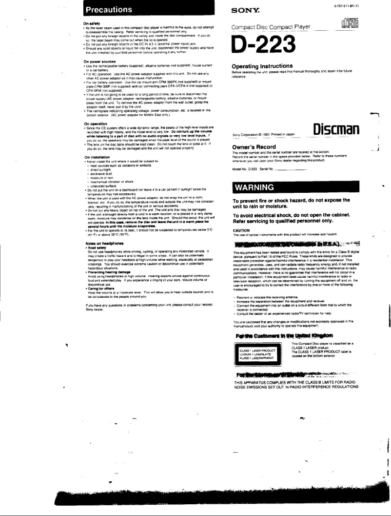 Page 1 de la notice Manuel utilisateur Sony Discman D-223