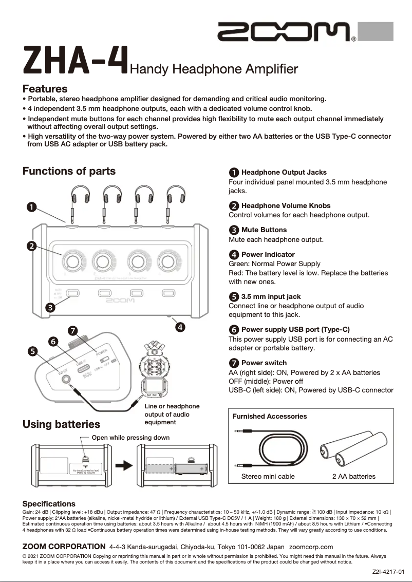 Page n°1 - Manuel utilisateur Zoom ZHA-4