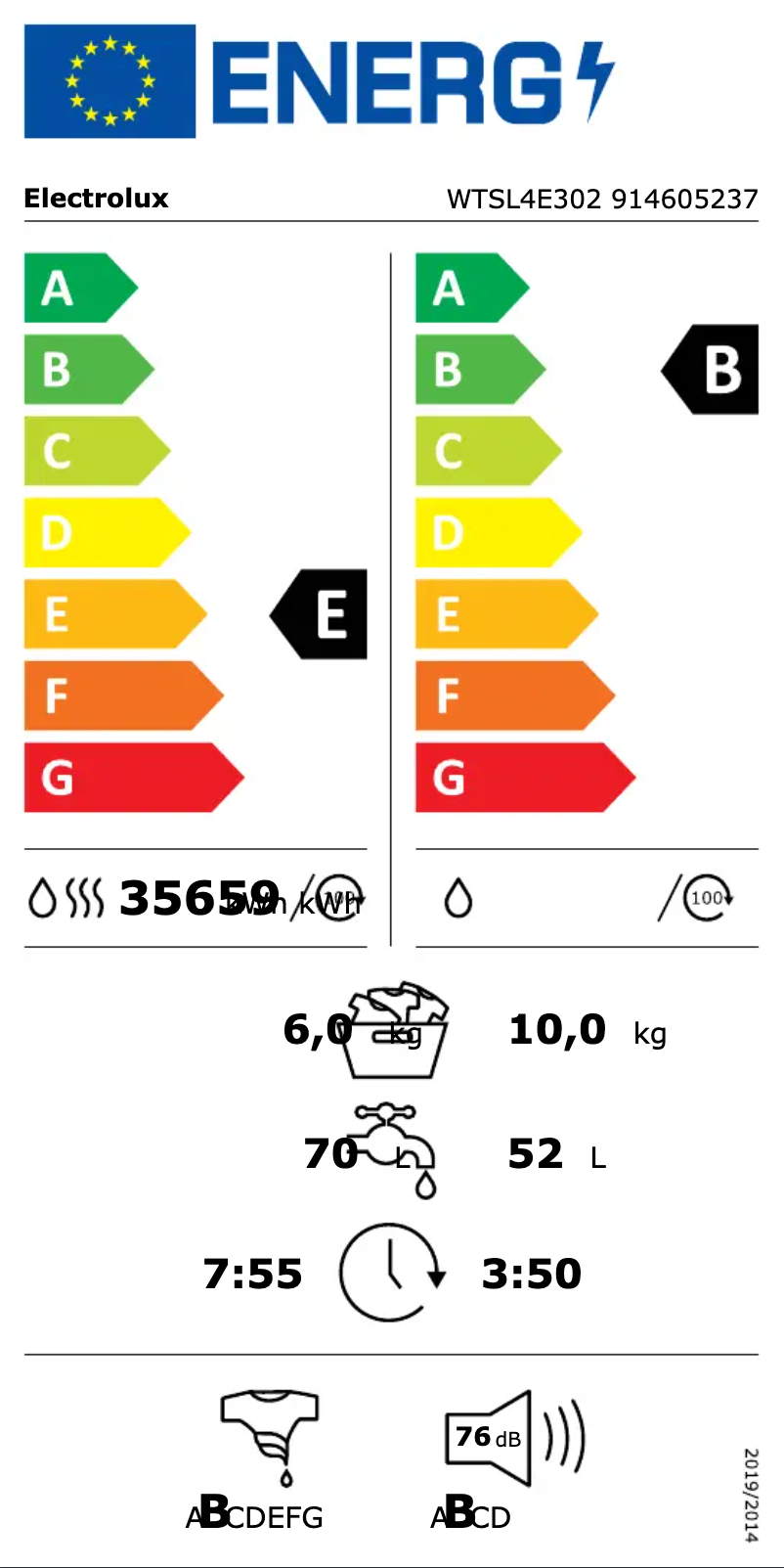 Page 1 de la notice Label énergétique Electrolux WTSL4E302