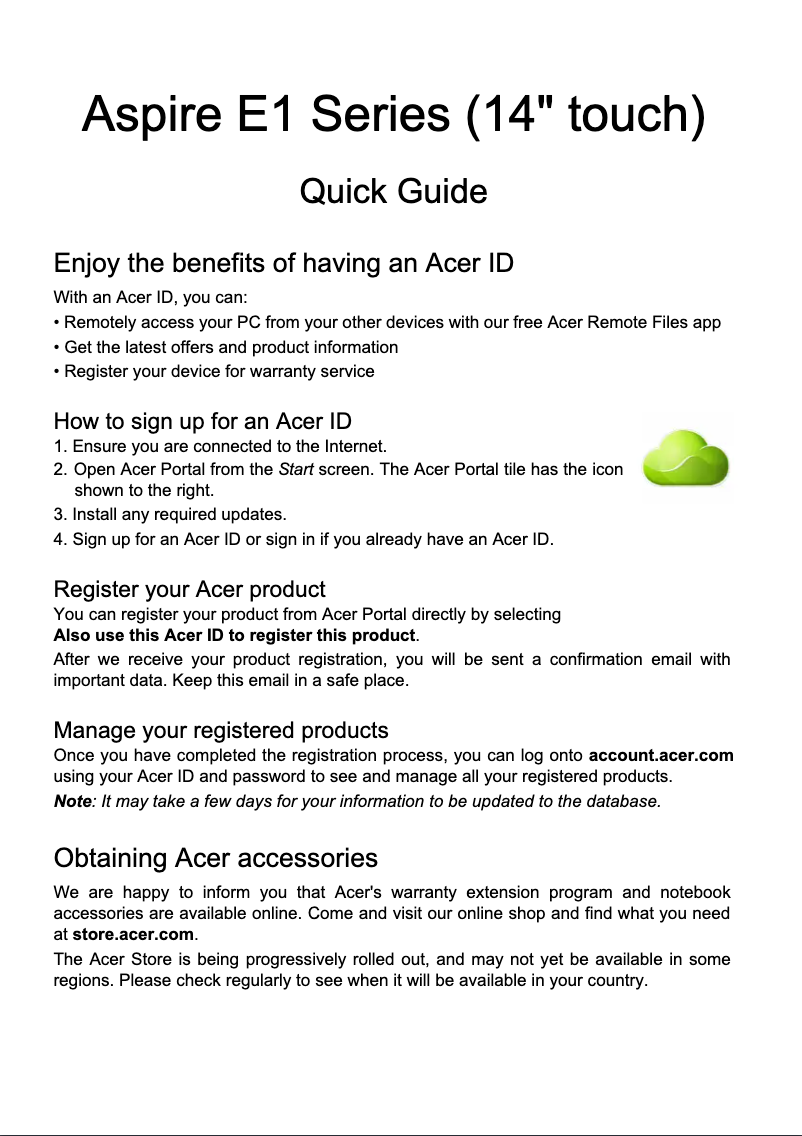 Page 1 de la notice Guide de démarrage rapide Acer Aspire E1