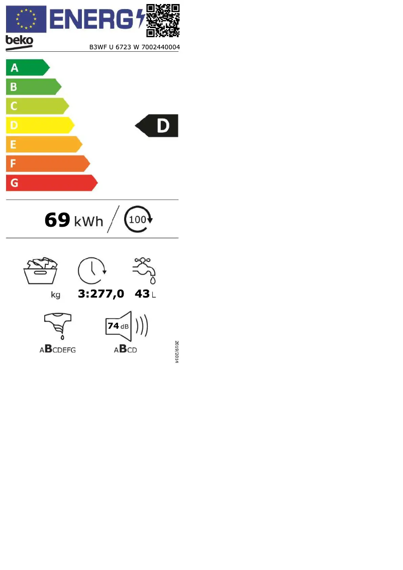 Page 1 de la notice Label énergétique Beko B3WF U 6723 W