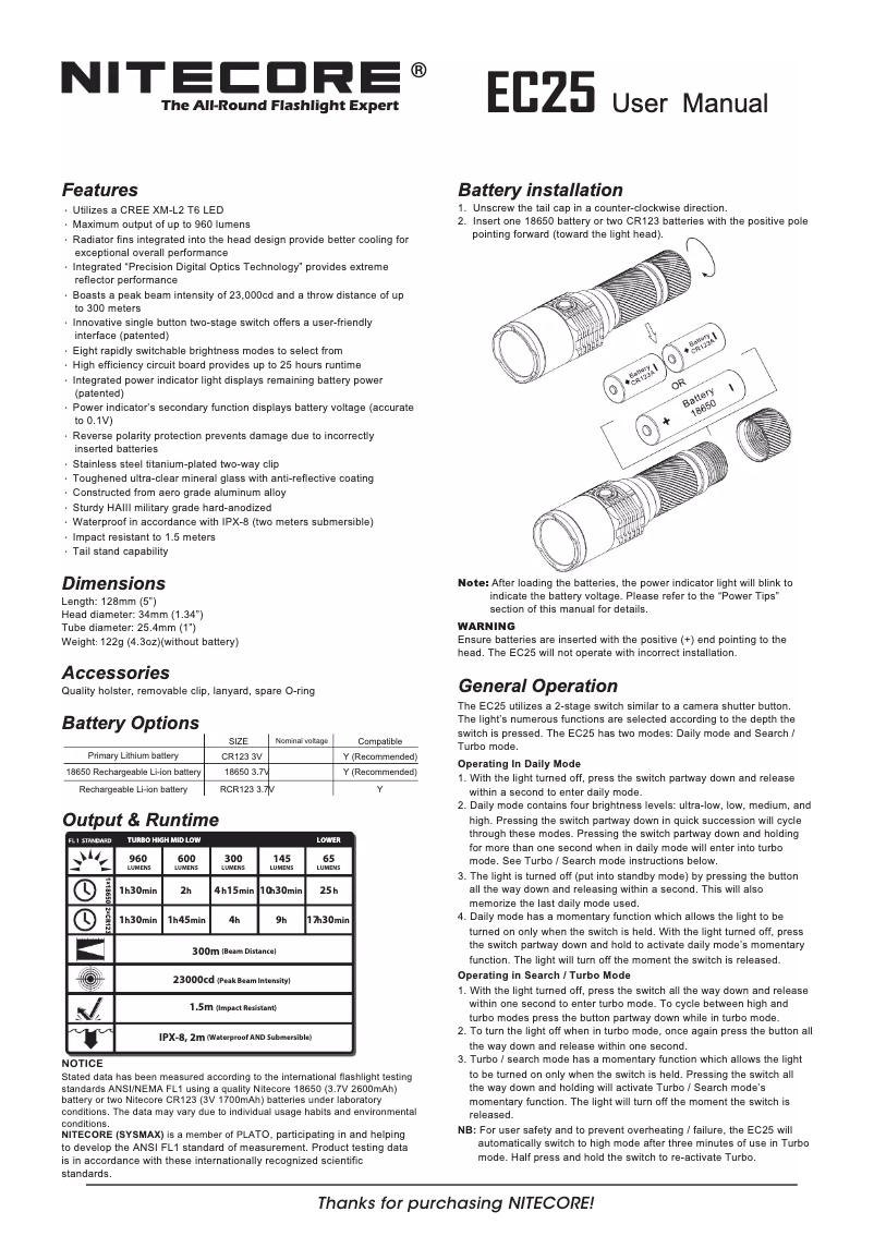 Page n°1 - Manuel utilisateur Nitecore EC25