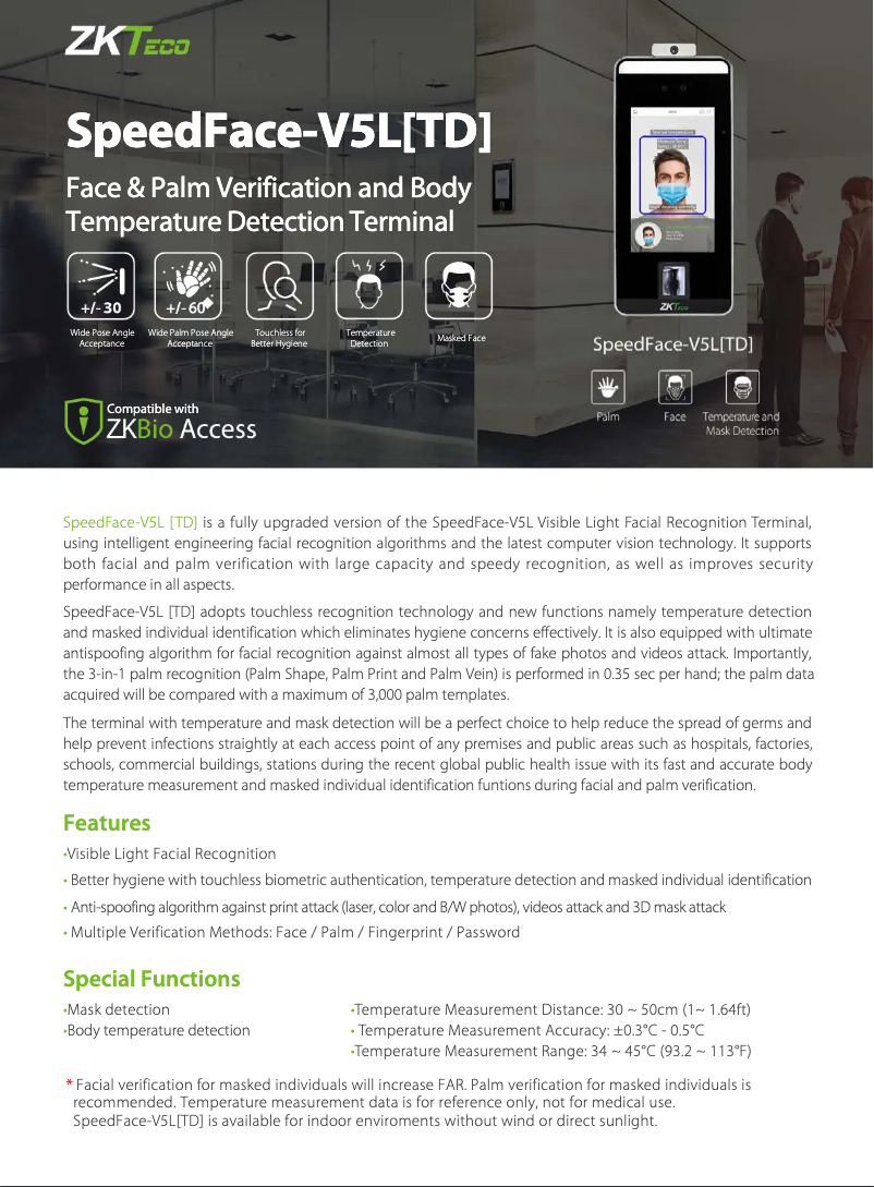 Imagen de la primera página del manual del dispositivo SpeedFace-V5L