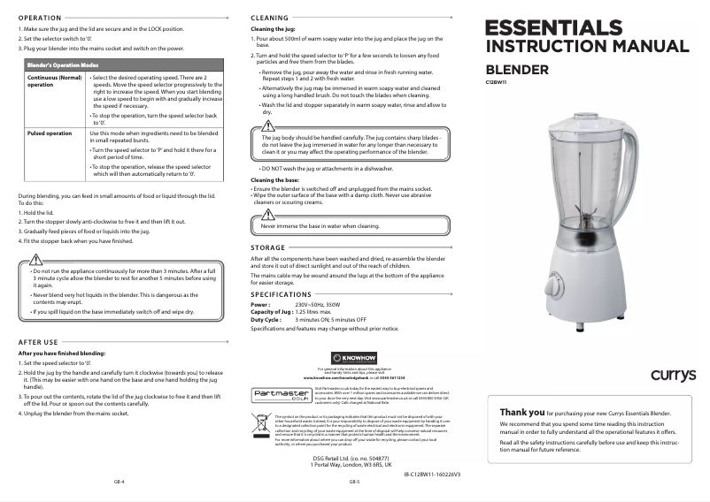 Page 1 de la notice Manuel utilisateur Currys Essentials C12BW11