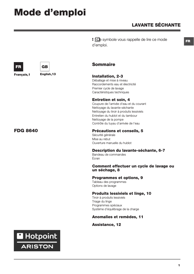 Page n°1 - Manuel utilisateur Hotpoint FDG 8640K FR