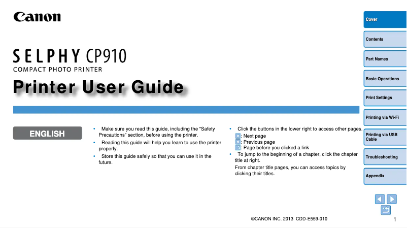 Image de la première page du manuel de l'appareil Selphy CP910