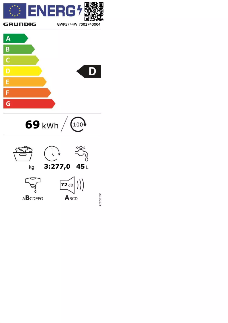 Página 1 del manual Etiqueta energética Grundig GWP 5744 W