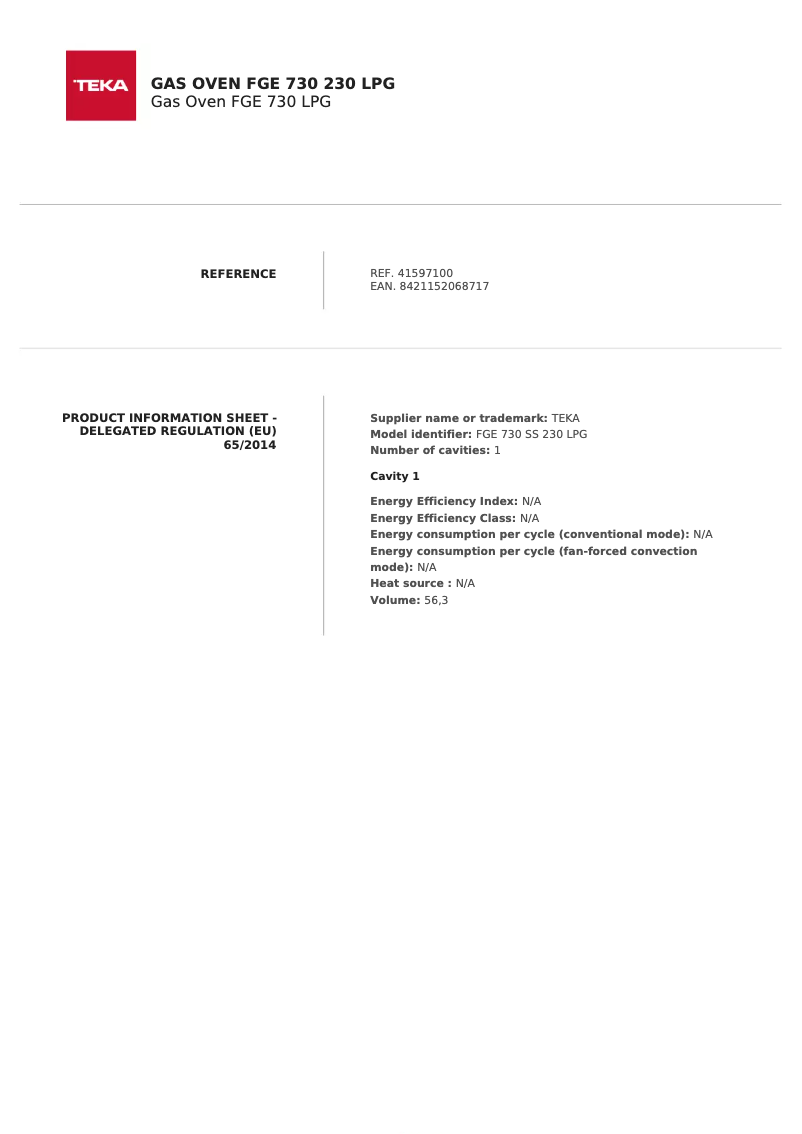 Page n°1 - Fiche technique Teka FGE 730 230 LPG