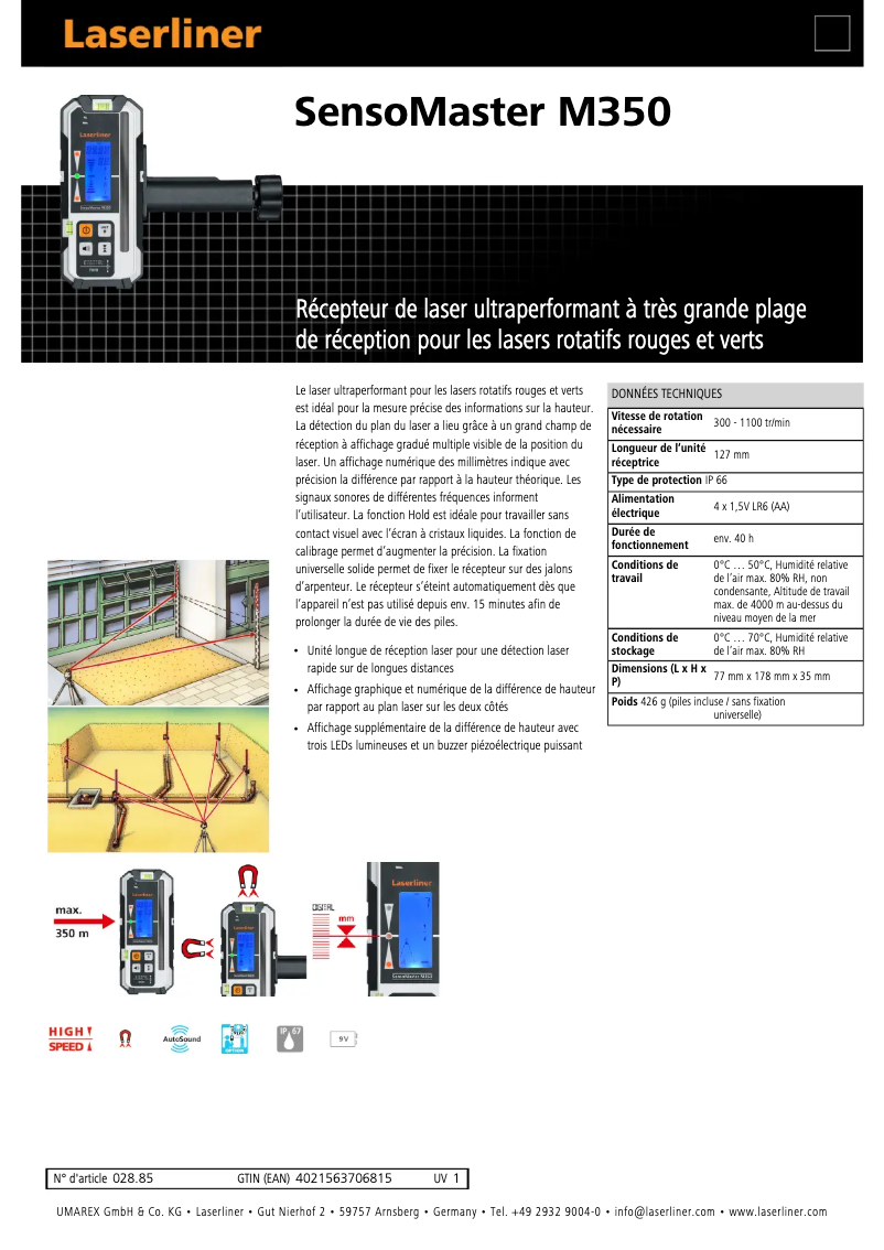 Page 1 of the manual Technical Sheet Laserliner SensoMaster M350