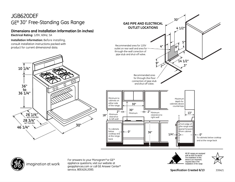 Page 1 of the manual Technical Sheet GE JGB620DEFBB