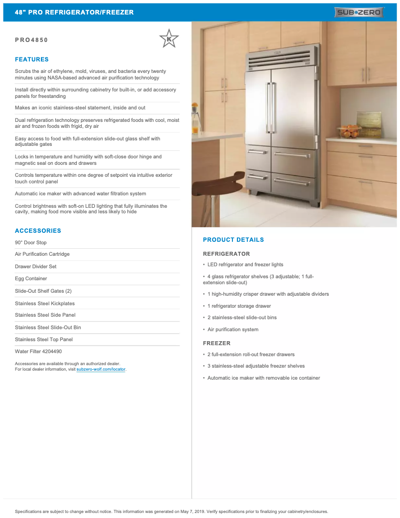 Page n°1 - Fiche technique Sub-Zero PRO4850