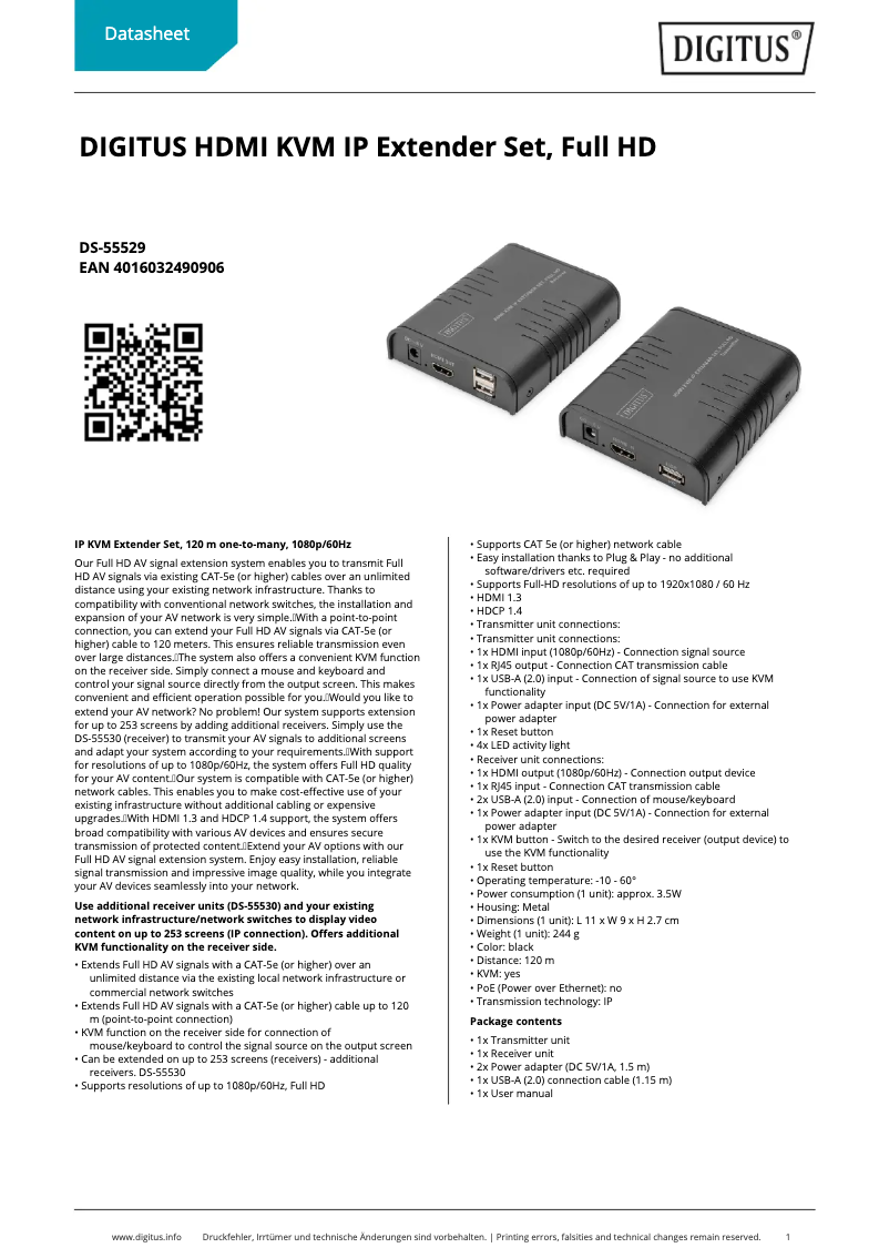 Page 1 de la notice Fiche technique Digitus DS-55529