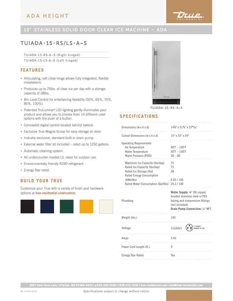 Page 1 de la notice Fiche technique True TUIADA-15-RS-A~S