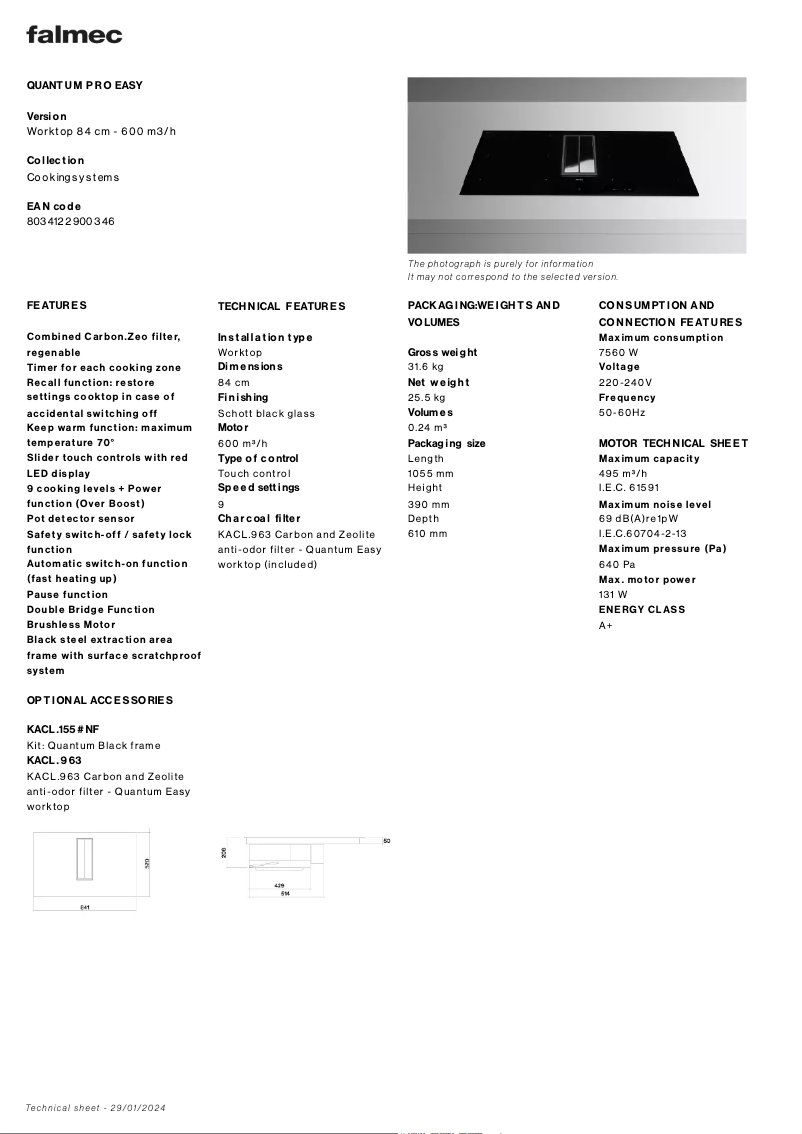 Page 1 de la notice Fiche technique Falmec Quantum Pro Easy