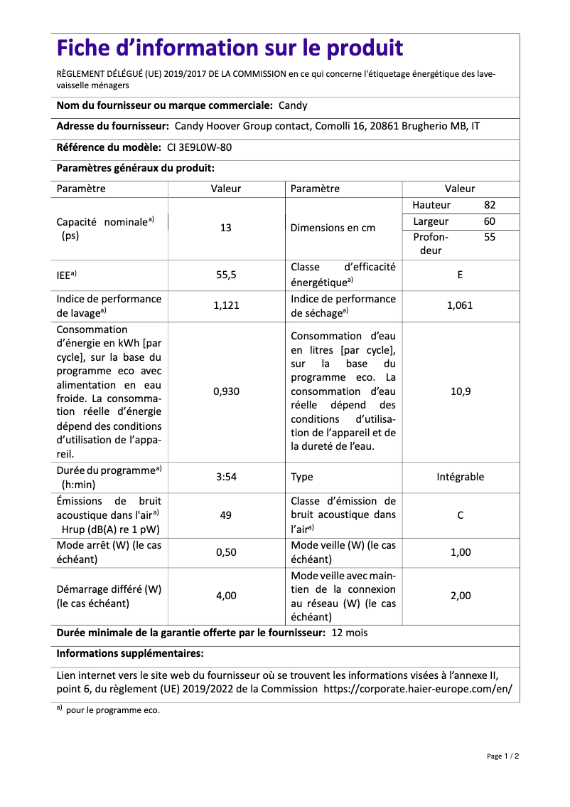 Page n°1 - Manuel utilisateur Candy CI 3E9L0W-80