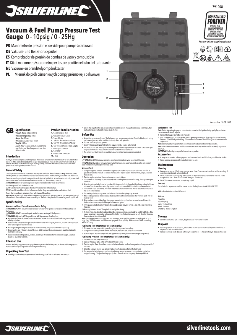 Page 1 de la notice Manuel utilisateur Silverline 791008