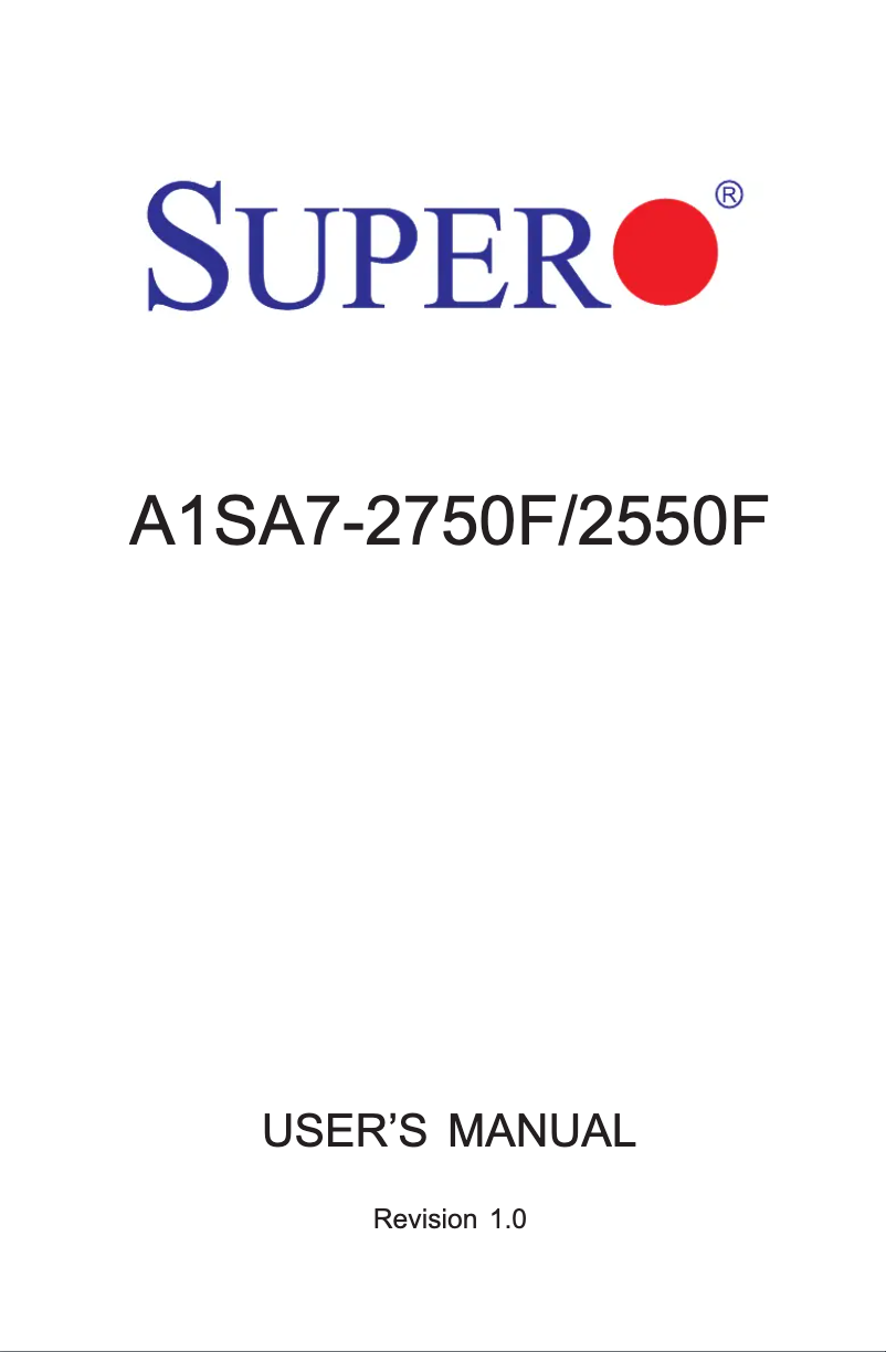 Page 1 de la notice Manuel utilisateur Supermicro A1SA7-2750F