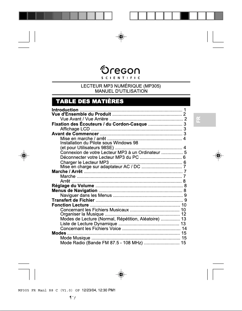 Page 1 de la notice Manuel utilisateur Oregon Scientific MP305