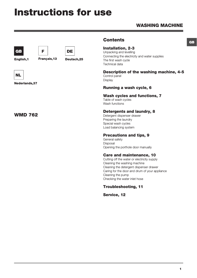 Page n°1 - Manuel utilisateur Hotpoint Maxi WMD 762