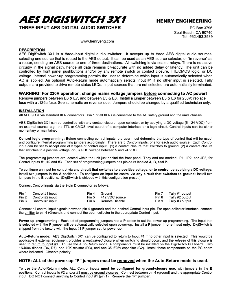 Page n°1 - Manuel utilisateur Henry Engineering AES DigiSwitch 3X1