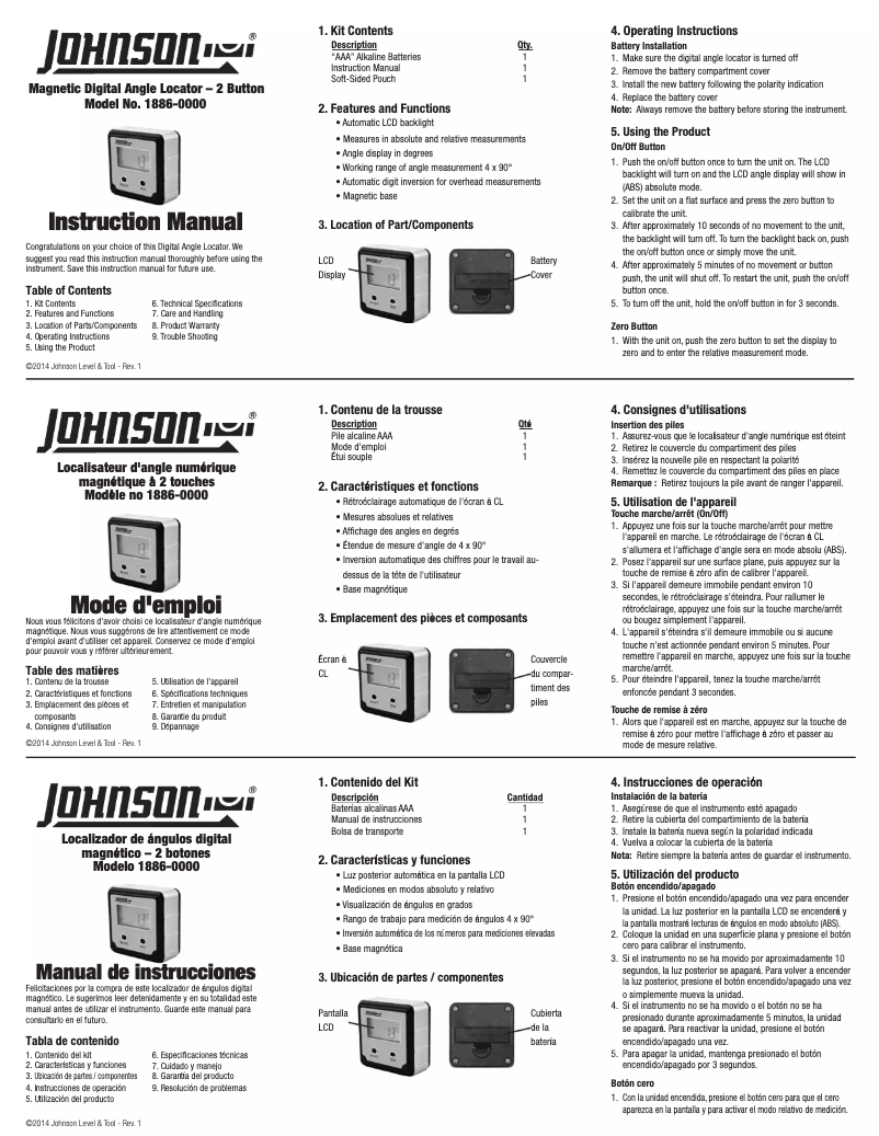 Page n°1 - Manuel utilisateur Johnson Level 1886-0000