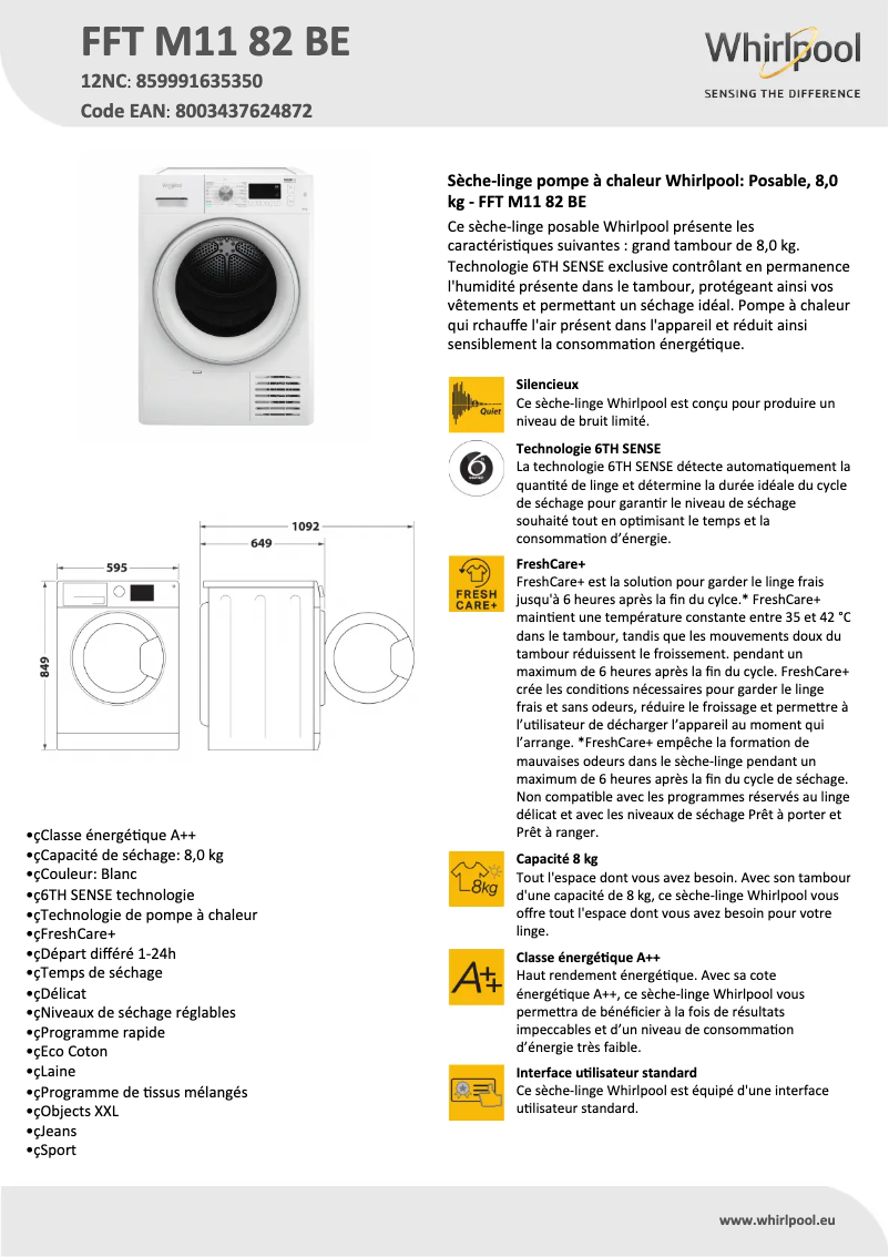 Página 1 del manual Ficha técnica Whirlpool FFT M11 82 BE