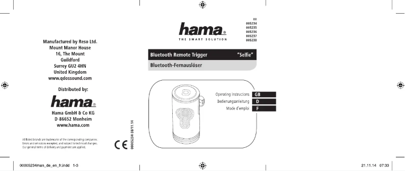 Page 1 de la notice Manuel utilisateur Hama Selfie 00005238