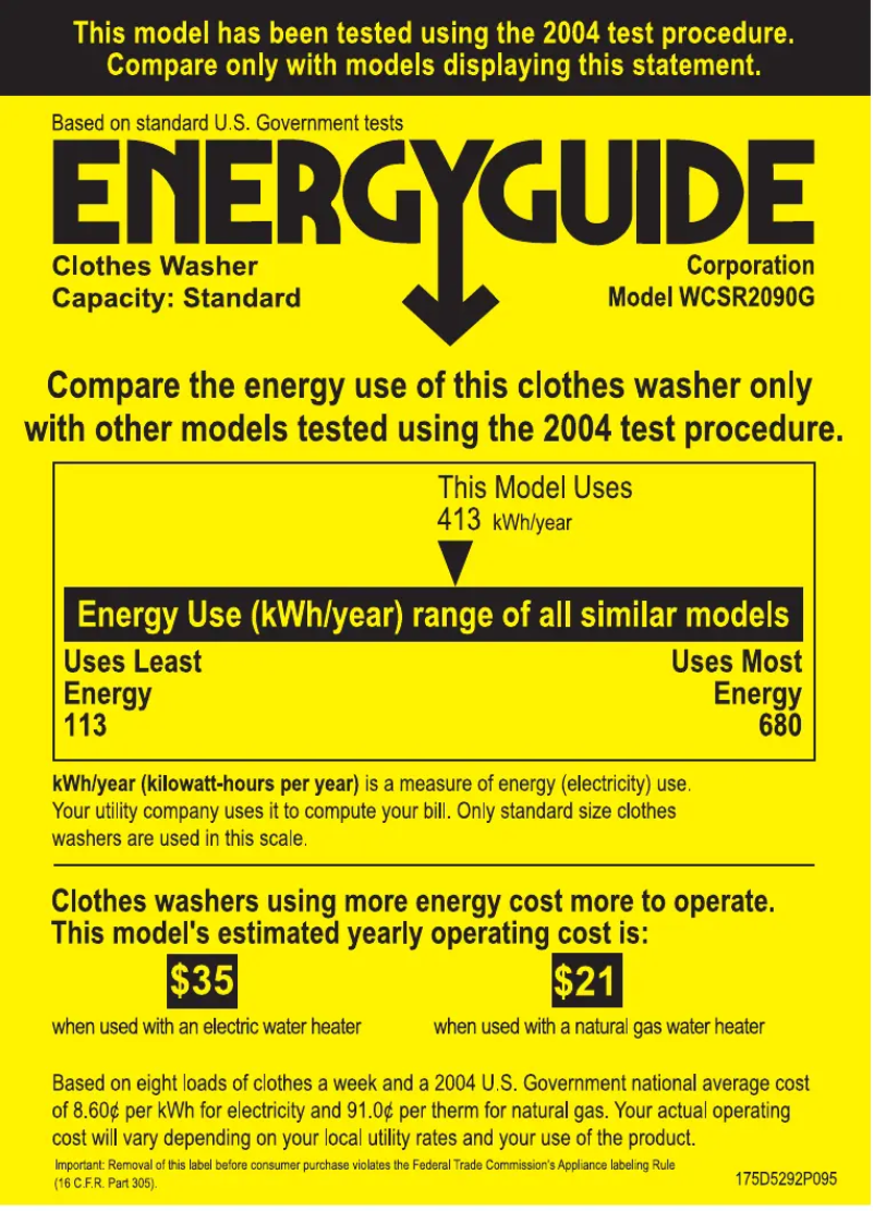 Page n°1 - Label énergétique GE WCSR2090GWW
