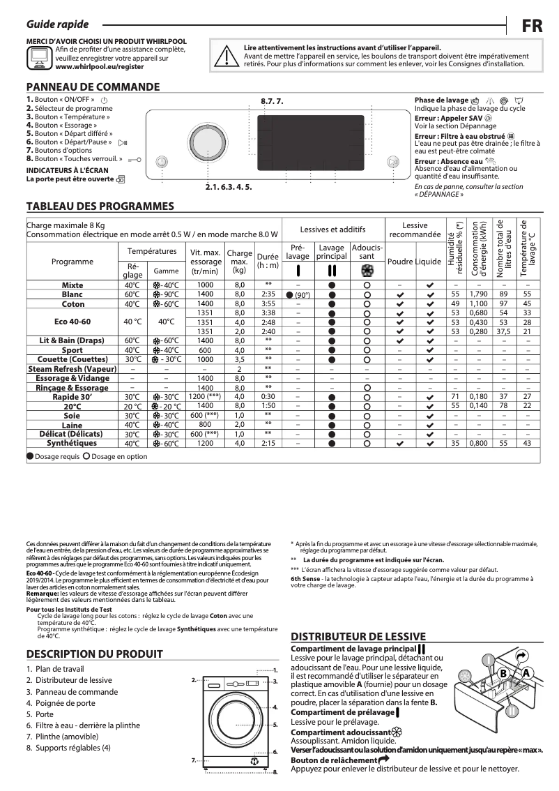 Page 1 de la notice Manuel utilisateur Whirlpool FFD8469BVFR