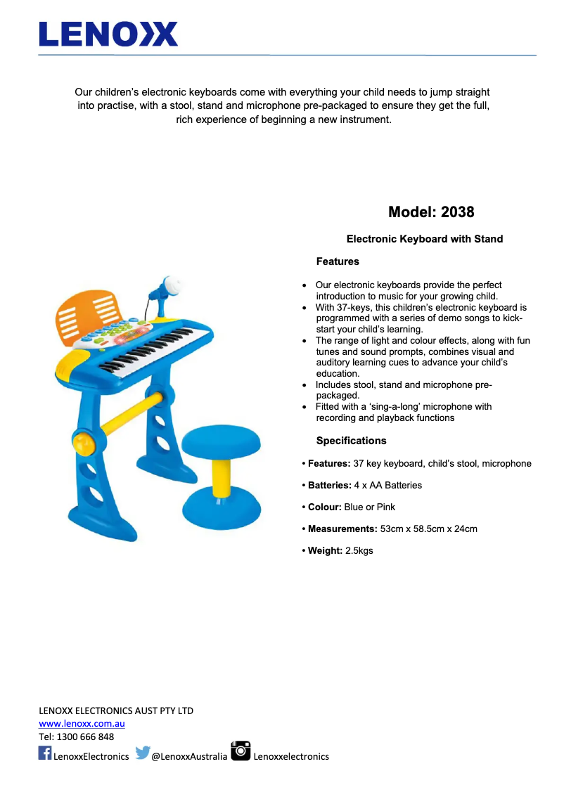 Page 1 de la notice Fiche technique Lenoxx 2038