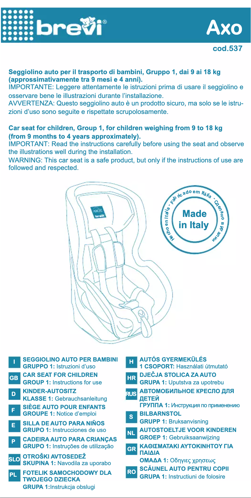 Page 1 de la notice Manuel utilisateur Brevi Axo