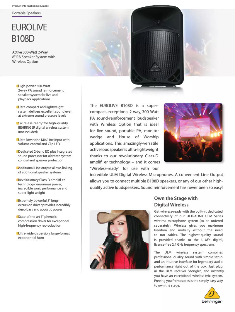 Page n°1 - Fiche technique Behringer Eurolive B108D