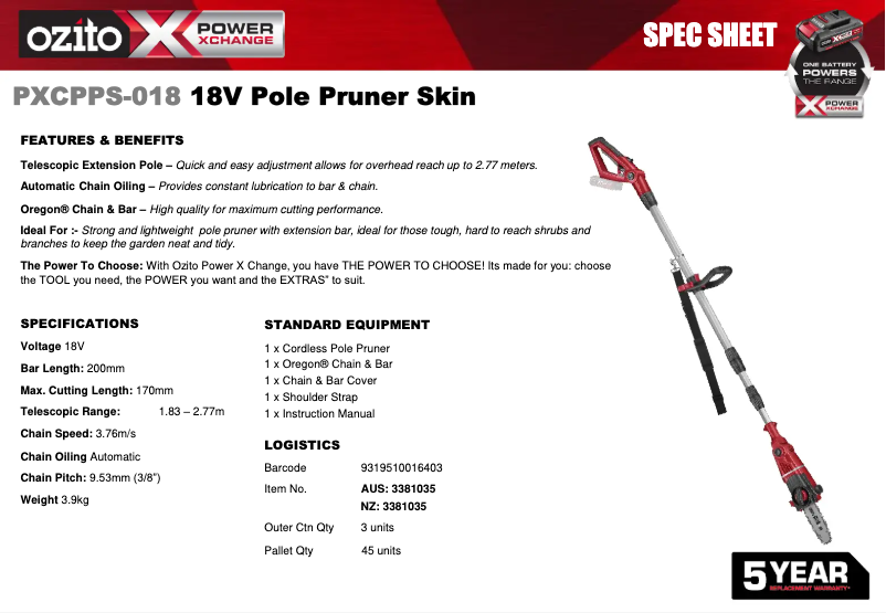 Page 1 de la notice Fiche technique Ozito PXCPPS-018