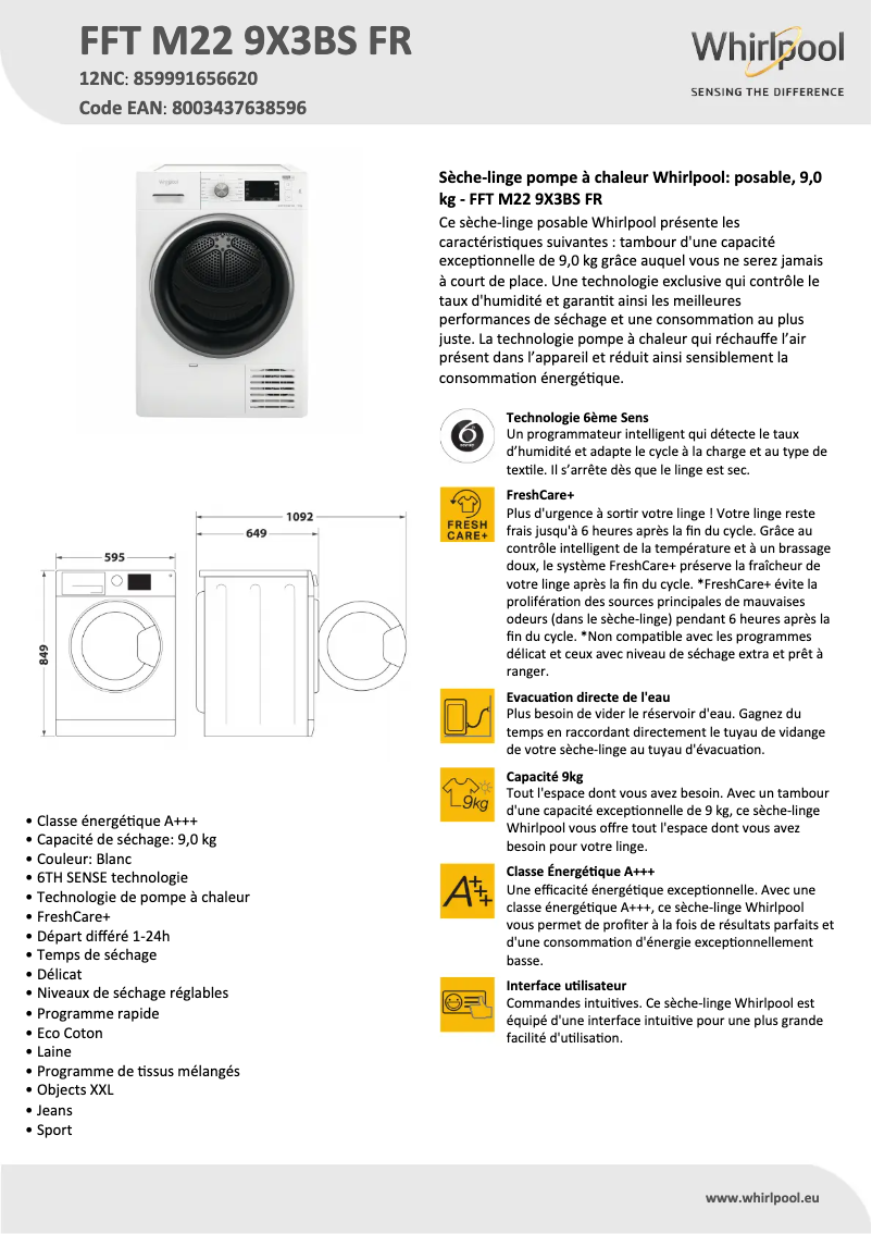 Página 1 del manual Ficha técnica Whirlpool FFT M22 9X3BS FR
