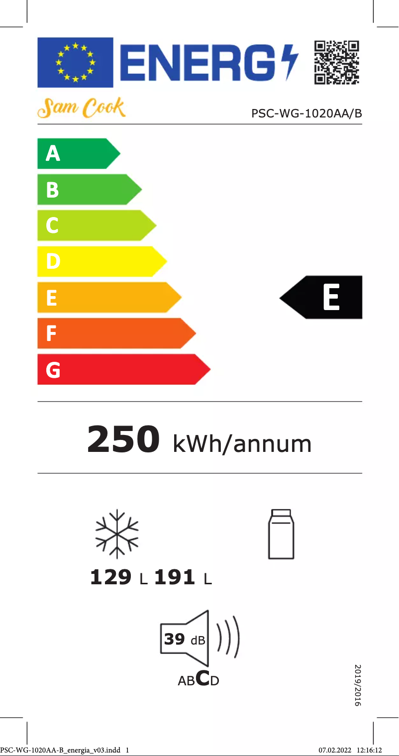 Page n°1 - Label énergétique Sam Cook PSC-WG-1020AA