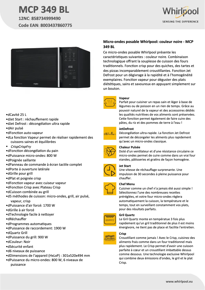 Page 1 de la notice Fiche technique Whirlpool MCP 349 BL