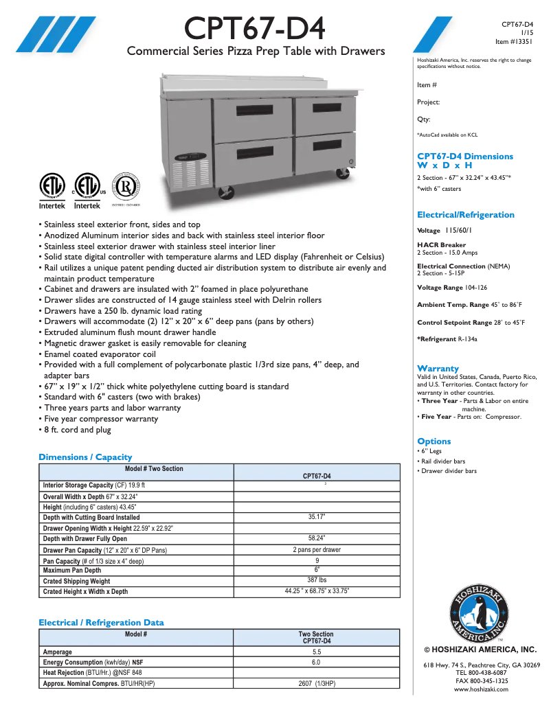 Page 1 de la notice Fiche technique Hoshizaki CPT67-D4