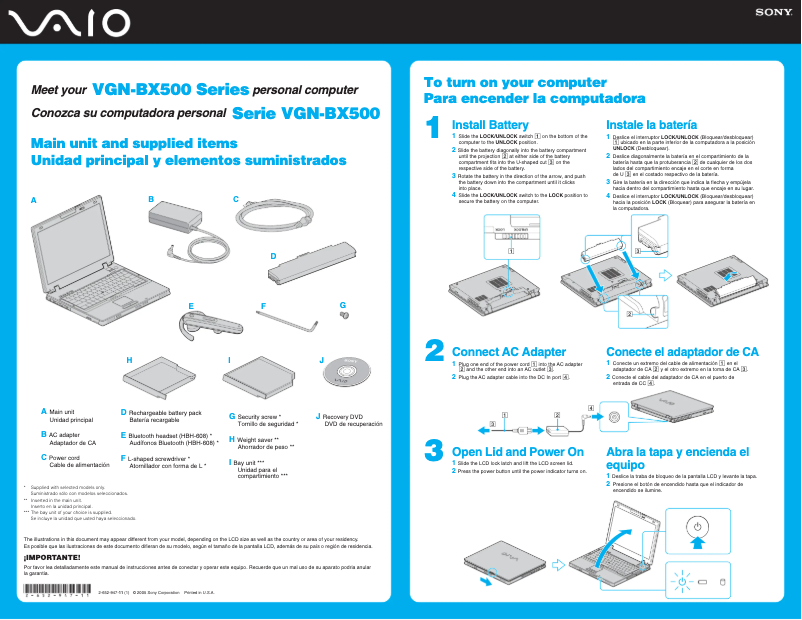 Page 1 de la notice Guide d'installation Sony Vaio VGN-BX540B