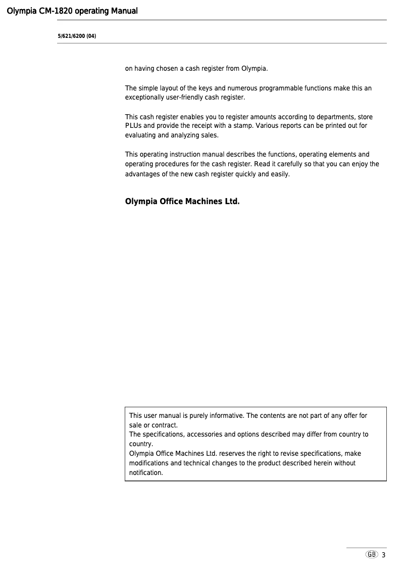 Page 1 de la notice Manuel utilisateur Olympia CM 1820