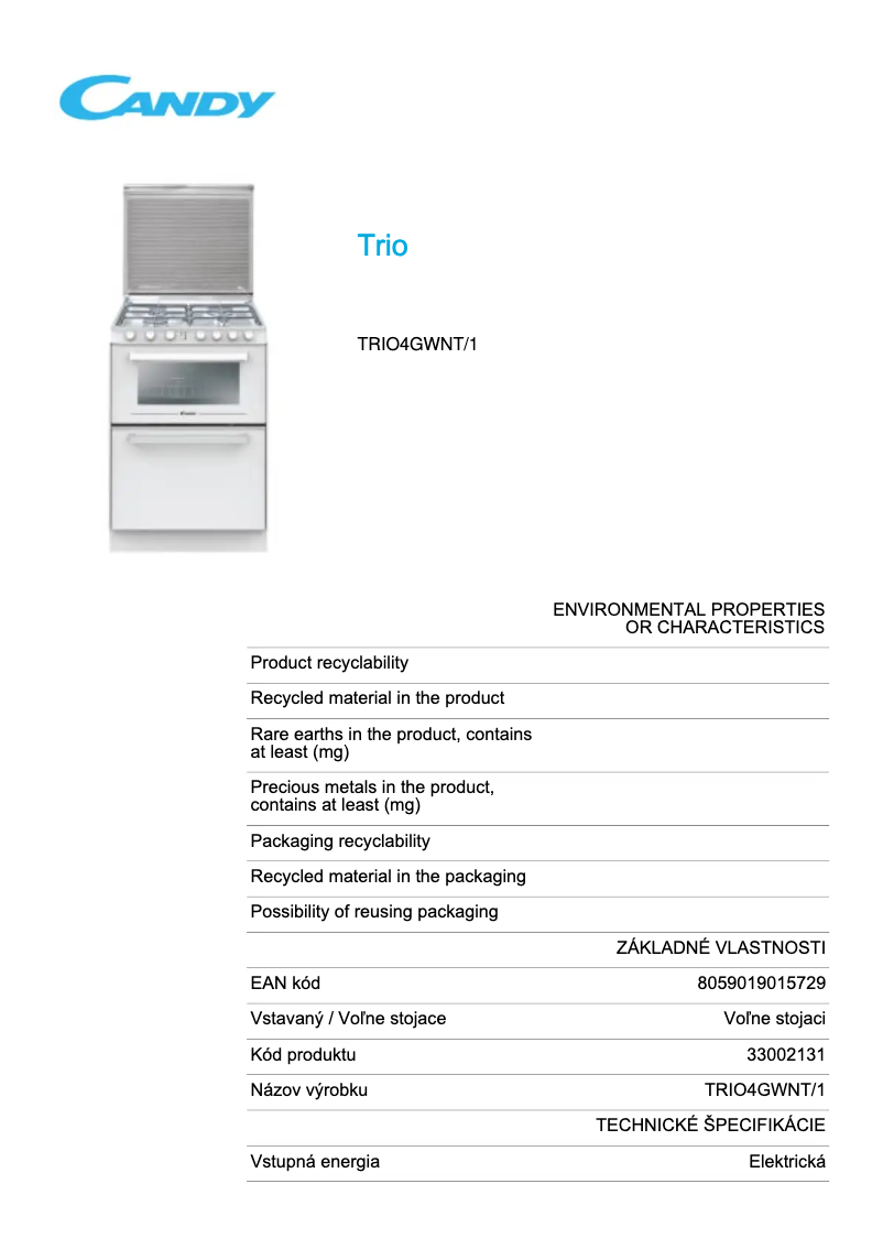 Page 1 de la notice Fiche technique Candy TRIO4GWNT
