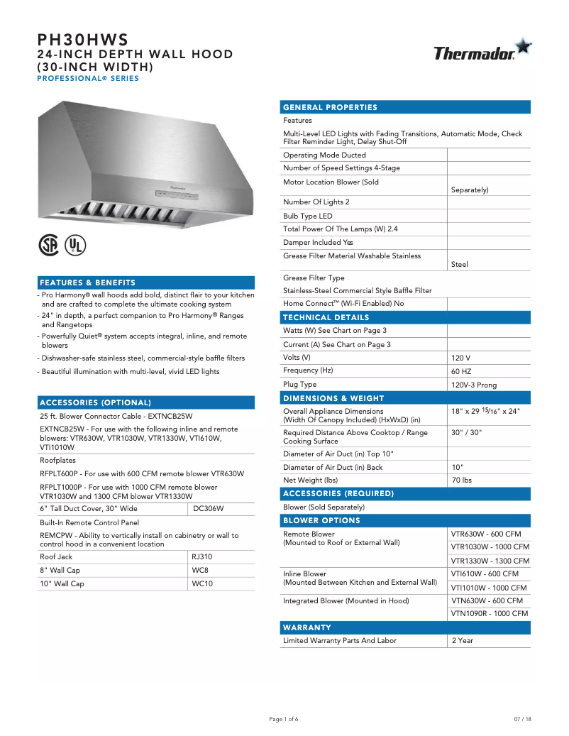 Página 1 del manual Ficha técnica Thermador PH30HWS