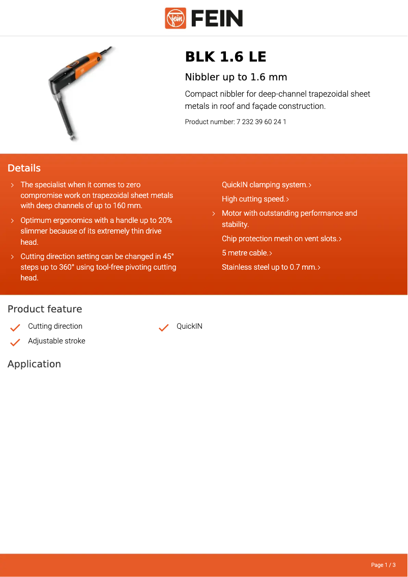 Page 1 of the manual Technical Sheet Fein BLK 1.6 LE