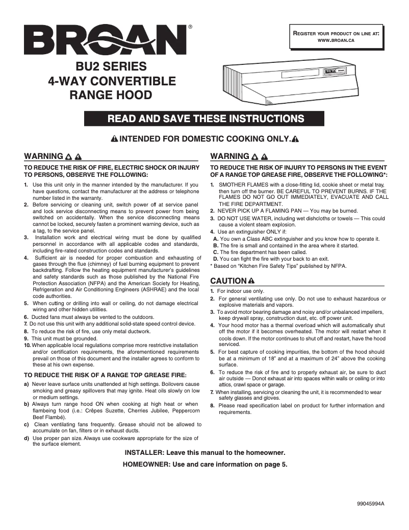 Page n°1 - Manuel utilisateur Broan BU230WH