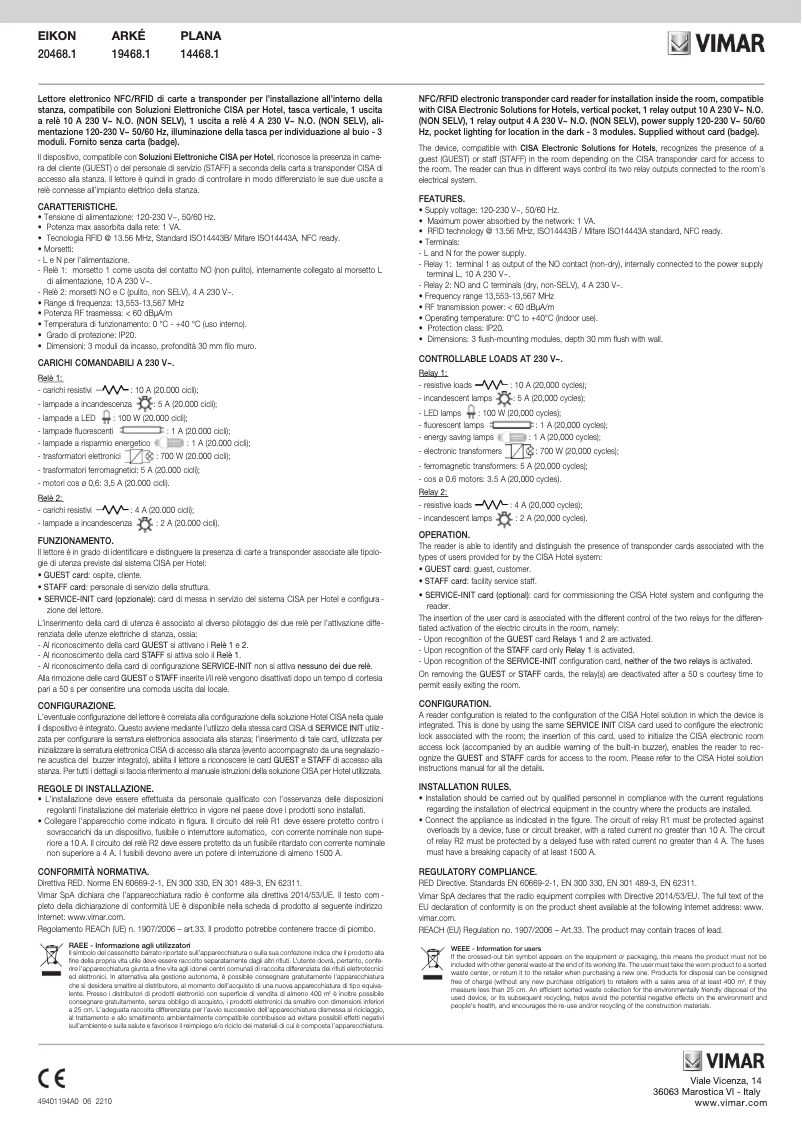 Page 1 de la notice Manuel utilisateur Vimar 19468.1.M