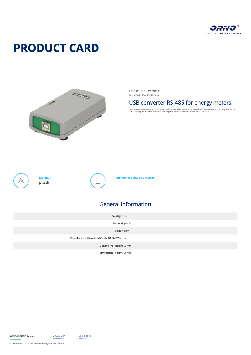 Page 1 de la notice Fiche technique ORNO AVTMOD03