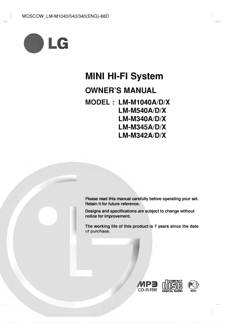 Image de la première page du manuel de l'appareil LM-M345X