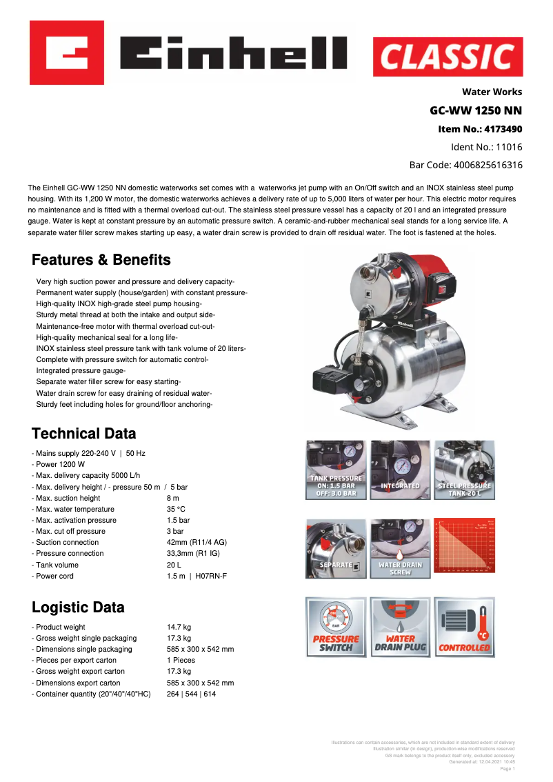 Page n°1 - Fiche technique Einhell GC-WW 1250 NN